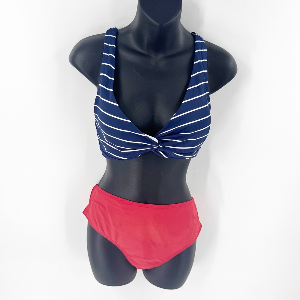CUPSHE Nautical Stripe Twist Front Bikini Top &‎ Coral High Waist Bottoms Set LG